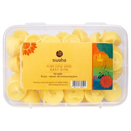 Swaha Easy Diya ghee Wicks/Diya batti, 30 Pieces, 1hr Burning time, Wax Free, clarified Butter Wicks for Puja, Yoga & Meditation