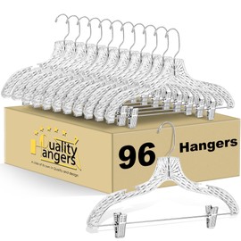 Clear Plastic Hangers for Pants 96 Pack - Skirt Hangers with Crystal Cut Design - All in One Curved Shoulder Clothes Hangers with Clips - Perfect Clothing Hangers for Everyday Use (96, 17" inch)