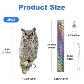 Kungfu Mall 2PCS Fake Owl to Scare Pigeon Away from Patio, Flat Garden Owl Scare Devices with Reflective Tape, Hanging Plastic Owl to Keep Pigeon Away from Balcony Outdoor Porch Roof Windows