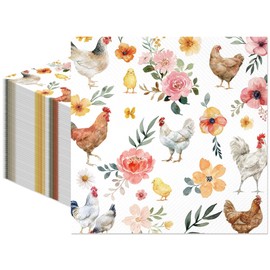 50PCS Watercolor Floral Chicken Hens Paper Napkins - Chicken Party Decorations Rustic Flower Poultry Dessert Farmhouse Theme Supplies Disposable Napkins 6.5" x 6.5"