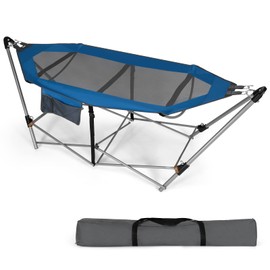 GYMAX Hammock with Stand Included, Camping Hammock with Carrying Bag & Storage Pocket, Portable Heavy Duty Self Standing Hammock, Indoor/Outdoor Hammock Chair for Patio Beach Yard Garden (Blue)