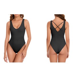 Nabawa Ribbed Bodysuit for Women Tummy Control Sleeveless Shapewear Bodysuit,Black,M