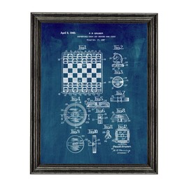 Convertible Chess and Checker Game Piece Patent Art Midnight Blue Print in a Black Wood Frame (8.5" x 11") M12798
