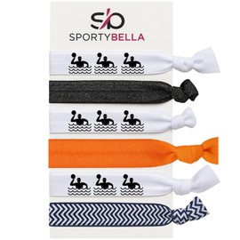 Water Polo Hair Ties Set – 6pc No-Crease Elastic Ponytail Holders with Water Polo Player Icons, Chevron, Orange and Black Glitter Bands, Accessories for Girls, Athletes, or Team Gifts