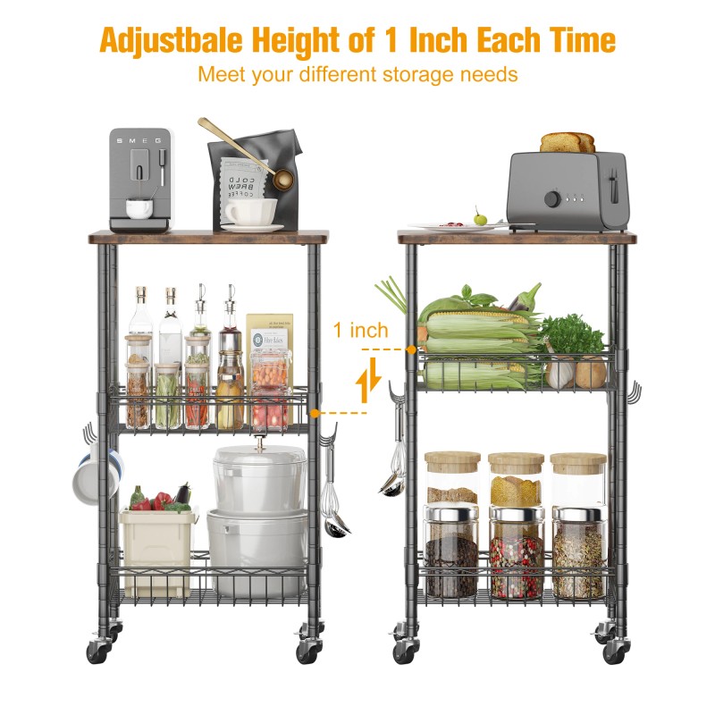 3-Tier Rolling Kitchen Storage Cart with Adjustable Wire Baskets Mobile