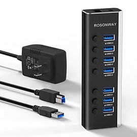 Hub USB 3.0 Alimentado Rosonway Aluminio 7 Puertos USB 3.0 Data Hub Splitter con Adaptador de corriente de 24 W (12 V/2 A) e interruptores individuales Expansor de puerto USB para PC y portátil