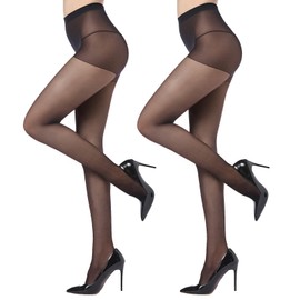 WAKUNA 20D Black Run-Resist Sheer Tights -2 Pairs with Reinforced Toes Stockings BLACK-M