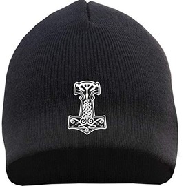 HB_Druck Thorshammer Mjolnir Beanie Hat – Embroidered – Knitted Winter Hat, black