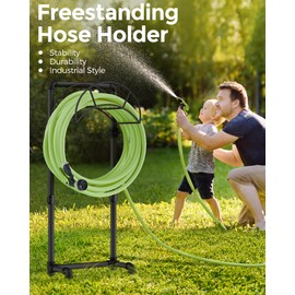 LAND·VOI Hose Holder, Garden Hose Storage Freestanding, Metal Heavy Duty Water Hose Holder Holds 150 Feet Hose, Detachable Hose Storage Hanger for Outside with 4 Spikes, for Lawn Yard, Black GHH02B