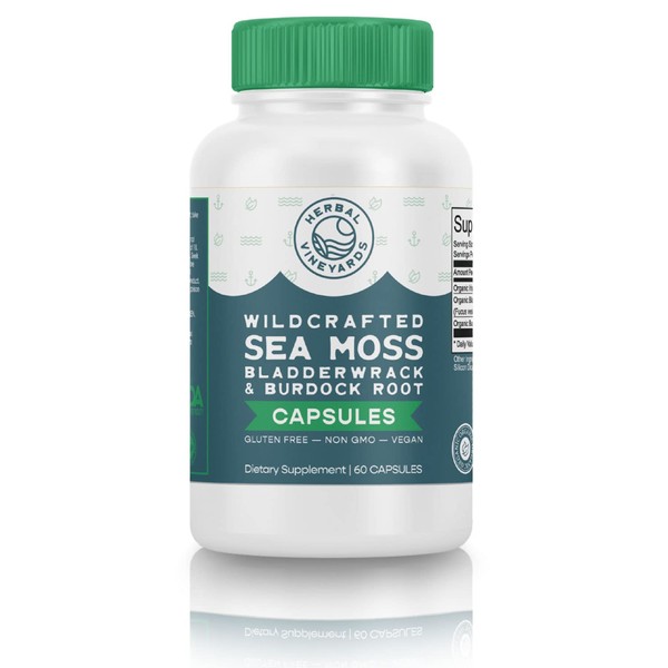 Herbal Vineyards Organic Sea Moss, Bladderwrack & Burdock Root Vegetable Capsules (1500 MG) - 60 Capsules