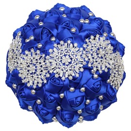 Gkvszy Royal Blue Bridal Wedding Bouquet with Bling Rhinestone Pearl for Bride Bridesmaid Quinceanera Satin Rose Flower Brooch Bouquet Wedding Royal Blue 7.1in