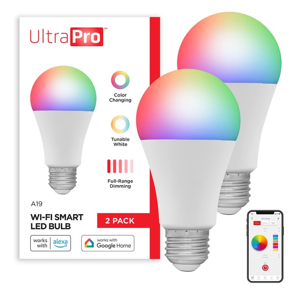 UltraPro Wi-Fi LED Smart Light Bulb, A19, 60W Equivalent, RGB, Color Changing, White Select Tunable 2700K - 6500K, Dimmable, 2.4GHz Router Required, Circadian Rhythm, Easy-to-Use App, 2 Pack, 51449
