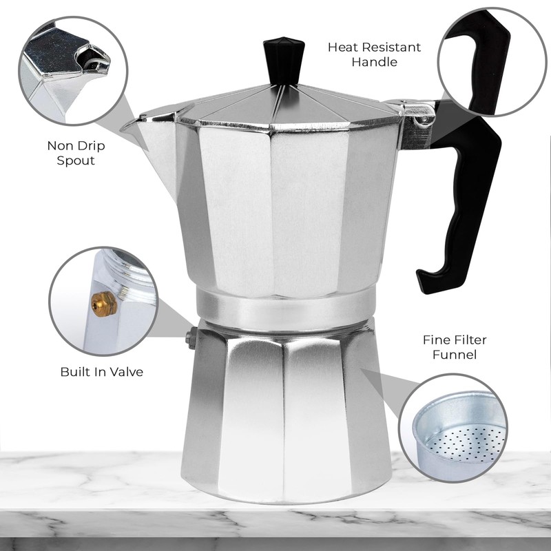 6 Cup Espresso Coffee Maker – Durable Aluminum, Fast Brewing,