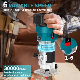 Cordless Wood Router, 21V Brushless Trimmer Router with 2 x 4.0Ah Battery, Portable Wood Para Madera 6 Speed Adjustable, Wood Router Tool with 20PC 1/4" Router Bits, Using for Wood Slotting, Trimming