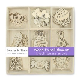 Mini Laser Cuts Wood Shape - Birthday - Balloons, Candy, Cupcake, and More - 45 Pieces - 1'' Across