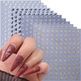 12 Sheets Letter Nail Stickers for Nail Art - Gold, Silver, Black, White Initial Decals - Self Adhesive Designs for Nail Supplies Decoration Accessories