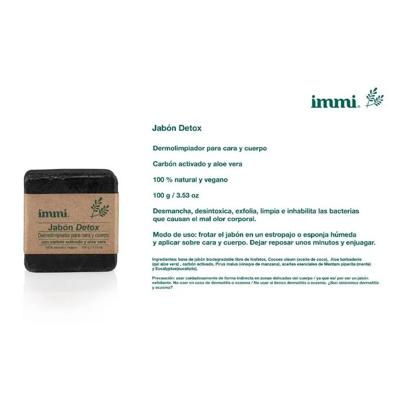 Jabón Immi Detox Carbón Activado 100g Piel Grasa Limpieza Profunda