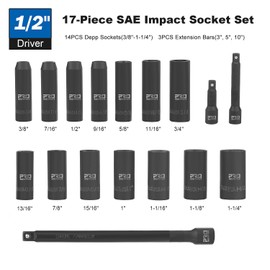 1/2" Drive Impact Socket Set, Prostormer 17-Piece 3/8" to 1-1/4" SAE Standard Deep Socket Kit with 3", 5", 10" Extension Bars and Storage Case, 6-Point Cr-V Steel Socket Set