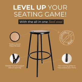 OEF Furnishings EasyBuild Stool – Heavy-Duty 18-Gauge Steel Frame, Round Masonite Seat, Welded Footrest Support, Non-Marring Glides – 30" Stool Seat Height, Black