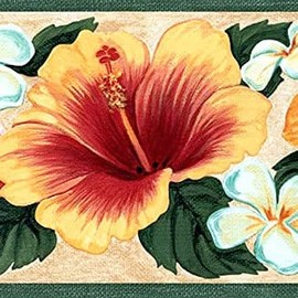 CONCORD WALLCOVERINGS ™ Wallpaper Border Floral Pattern Hibiscus Flowers Leaves for Cottage Farmhouse Kitchen Dining Room, Yellow Green Red, 15 ft by 5 in DB3857B