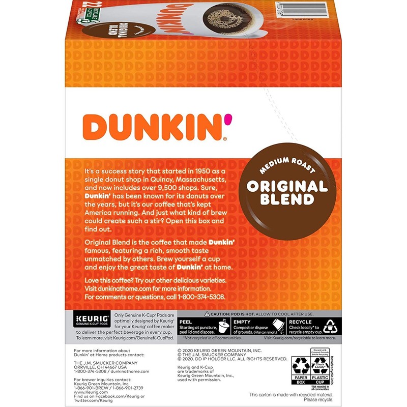 Dunkin Donuts K-Cup Pods, Original Blend, 22/box