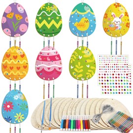 16 Pack Easter Egg Wind Chime Kits Easter Crafts for Kids Make Your Own Easter Egg Wind Chime Wooden DIY Arts and Crafts for Spring Party School Classroom Hanging Decoration Supplies Birthday Favors