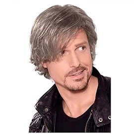 Short Hair Men's Wig, Fluffy and Slightly Outward Curly Grey Short Curly Men's Wig, Long Fringe Wig