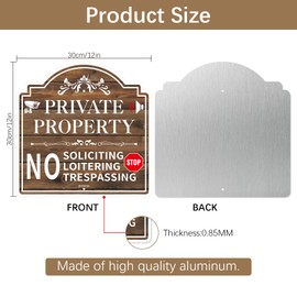 2 Pcs Private Property Sign, 12" x 12 No Soliciting Sign for House, Brown Stop No Trespassing Sign, No Loitering Sign, Rust-Free Aluminum and Weatherproof Metal Sign for Outdoor Fence Yard Farmhouse Porch Office Lawn Home and Front Door