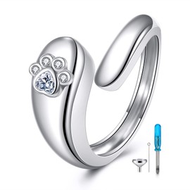 POPLYKE Sterling Silver Paw Print Urn Ring for Ashes Pets Dog Cat Keepsake Memorial Cremation Jewellery for Women