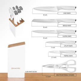 Diamosteel White Knife Set with Block, 7 Pieces Sharp Knife Block Set with Stainless Steel Blade and Ergonomic Handle, Chef, Slicing, Bread, Utility, Paring Knife, Kitchen Scissors and Wooden Block