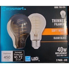 Eco-Smart 6x Lot Ecosmart 40W A19 Soft white 2700k Thinner Filament Clear LED 12 bulbs