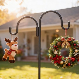 Kingsyard Adjustable Double Shepherds Hook for Outdoor - 92" Heavy Duty Bird Feeder Pole w/ 5-Prong Base, Hummingbird Feeder Stand for Garden, Plant Baskets, Solar Light Lantern