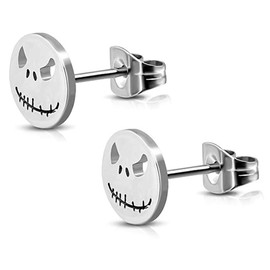 YZstyle Stainless Steel Black/Silver Jack Skellington Cut-Out Round Circle Button Stud Post Earrings（10mm） (SilverER0026)