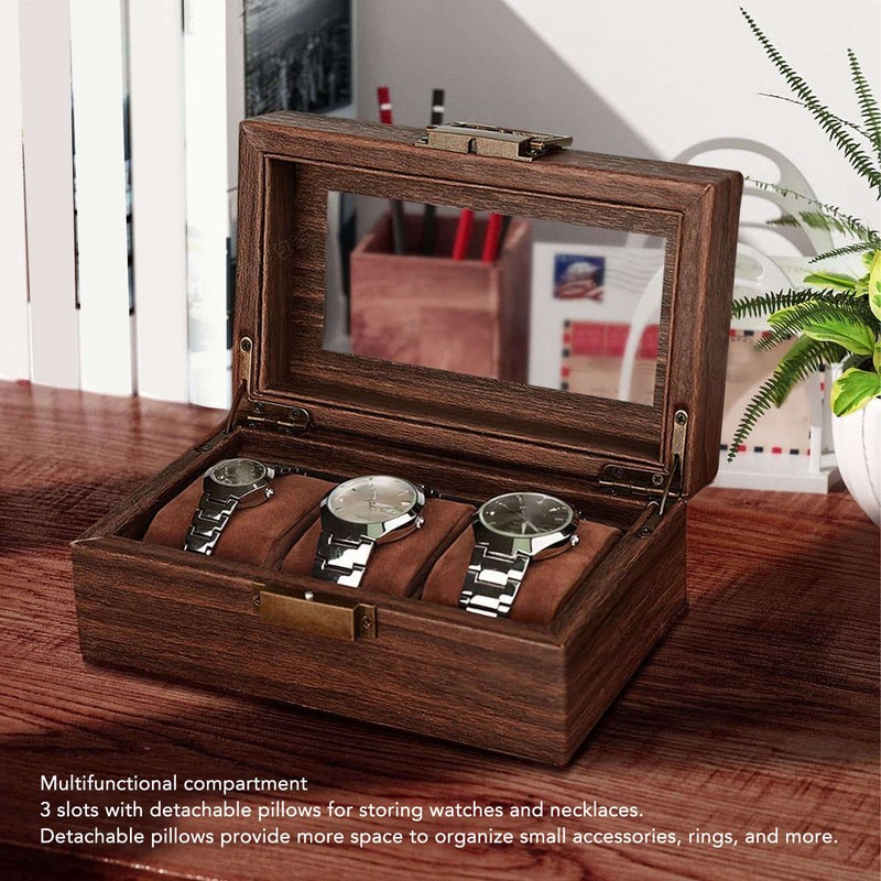 3 Slot Watch Display Case Wood Detachable Pillow Glass Cover