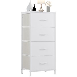 Dresser for Bedroom with 4 Drawers, Anti-Tip Tall Fabric Chests Storage Organizer Tower Furniture with Wooden Top Metal Frame for Clothes, Closet, Living Room, Hallway, Entryway