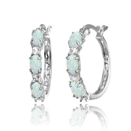 Opal Earrings for Women Sterling Silver Hoops Princess-cut White Topaz & Oval Synthetic White Hoop Earring for Bridesmaids Fashion Trendy
