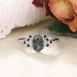 IRROYA Gothic Art Deco 1.1 Carat Long Hexagon Natural Black Rutilated Quartz Engagement Ring Antique Marquise Bezel Set Round Black Spinel Ring 925 Silver Cluster Black Stone Wedding Ring Plated by