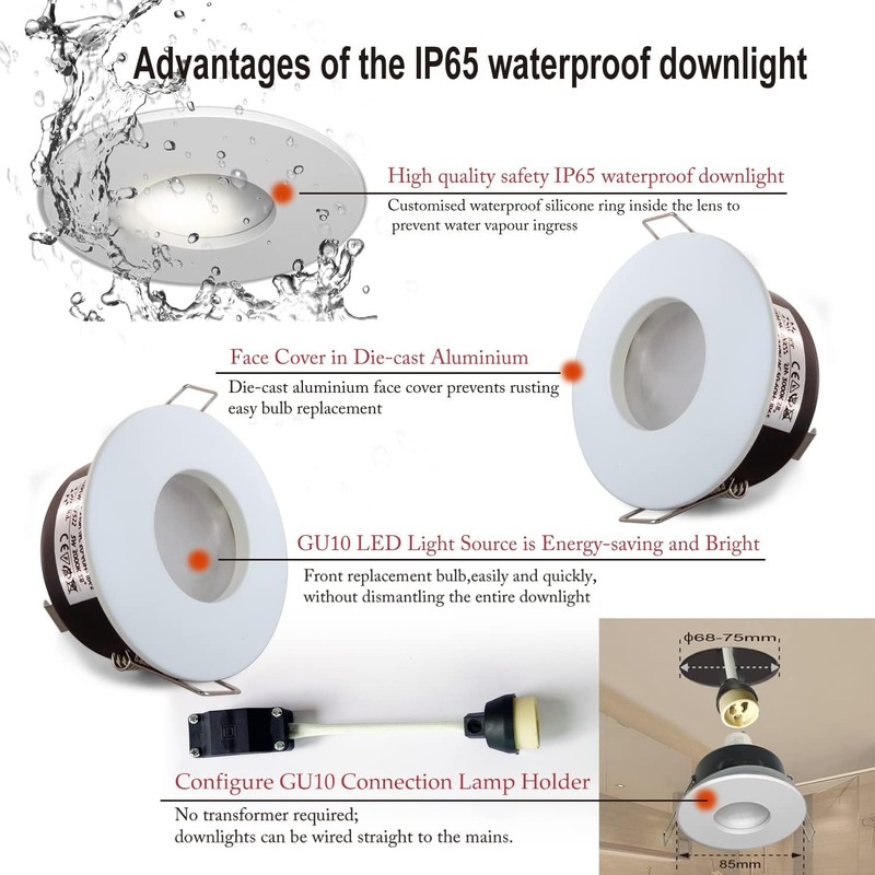 Sweier Waterproof Downlight GU10 White, Bathroom Spotlights IP65, Bulb not