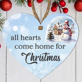 "All Hearts Come Home for Christmas" MDF Hanging Heart Plaque - Festive Snowy Scene with Snowman and Cottage - Indoor Christmas Decoration - Perfect Holiday Wall Art for Living Room or Kitchen
