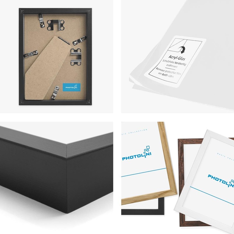 Photolini Black, Narrow, Solid Wood Picture Frame with Acrylic Glass