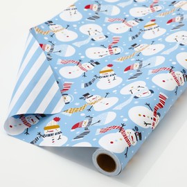 JarThenaAMCS Christmas Wrapping Paper -Mini Roll- 17in x 32.8Ft Blue Stripe Winter Snowmen Double-Sided Gift Wrap Paper for Xmas Holiday Party Wrapping Supplies