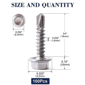 #8 x 3/4" Sheet Metal Screws 100PCS 410 Stainless Steel Hex Washer Head Fast Self Tapping Screws by SG TZH