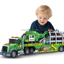 Toddler Boy Toys for 3 4 5 6 7 Years Kids, 21" Semi Flatbed Truck Toy with a Dinosaure Truck, Friction Powered Vehicles Toys with Lights and Sounds, Birthday for Boy Girls