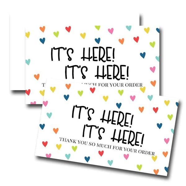 It's Here! It's Here! Rainbow Hearts Thank You Customer Appreciation Package Inserts for Small Businesses, 100 2" X 3.5” Single Sided Insert Cards by AmandaCreation