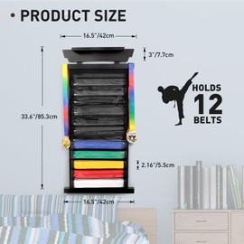 Tilhumt 12 Belts Karate Belt Display Rack with Sticker, Felt Martial Arts Belts Display Holder with Dust Cover, Easily Insert and Remove Belt, Taekwondo Belt Organizer for Adults, Black