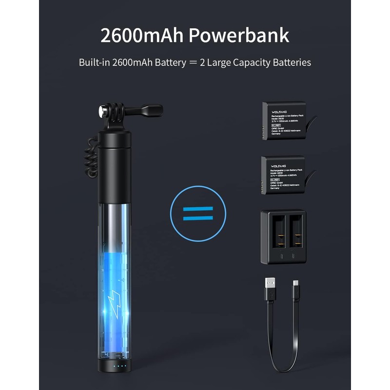 WOLFANG Action Cam Selfie Stick lädt Ihre Action-Kamera mit 2600