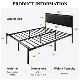 SHA CERLIN Modern Queen Size Metal Bed Frame with Litchi Grain Leather Upholstered Headboard, No Box Spring Needed, 12.4" Underbed Storage, Black