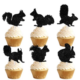 18pcs Black Silhouette Glitter Squirrel Dessert Cupcake Topper Pick for Forest Animal Theme Decor Supplies Baby Shower Boys Girls Happy Birthday Party Decorations