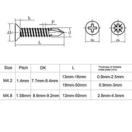 50 Pcs Self Drilling Countersunk Screws, 4.8 x 19mm Phillips Flathead, 304 Stainless Steel, Multi Purpose Self Tapping Screws for Metal Sheets, Wood, Drywall
