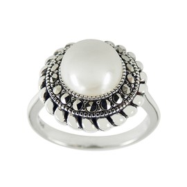 MARC 925 Sterling Silver 8 mm Faux Pearl & Marcasite Dome Ring